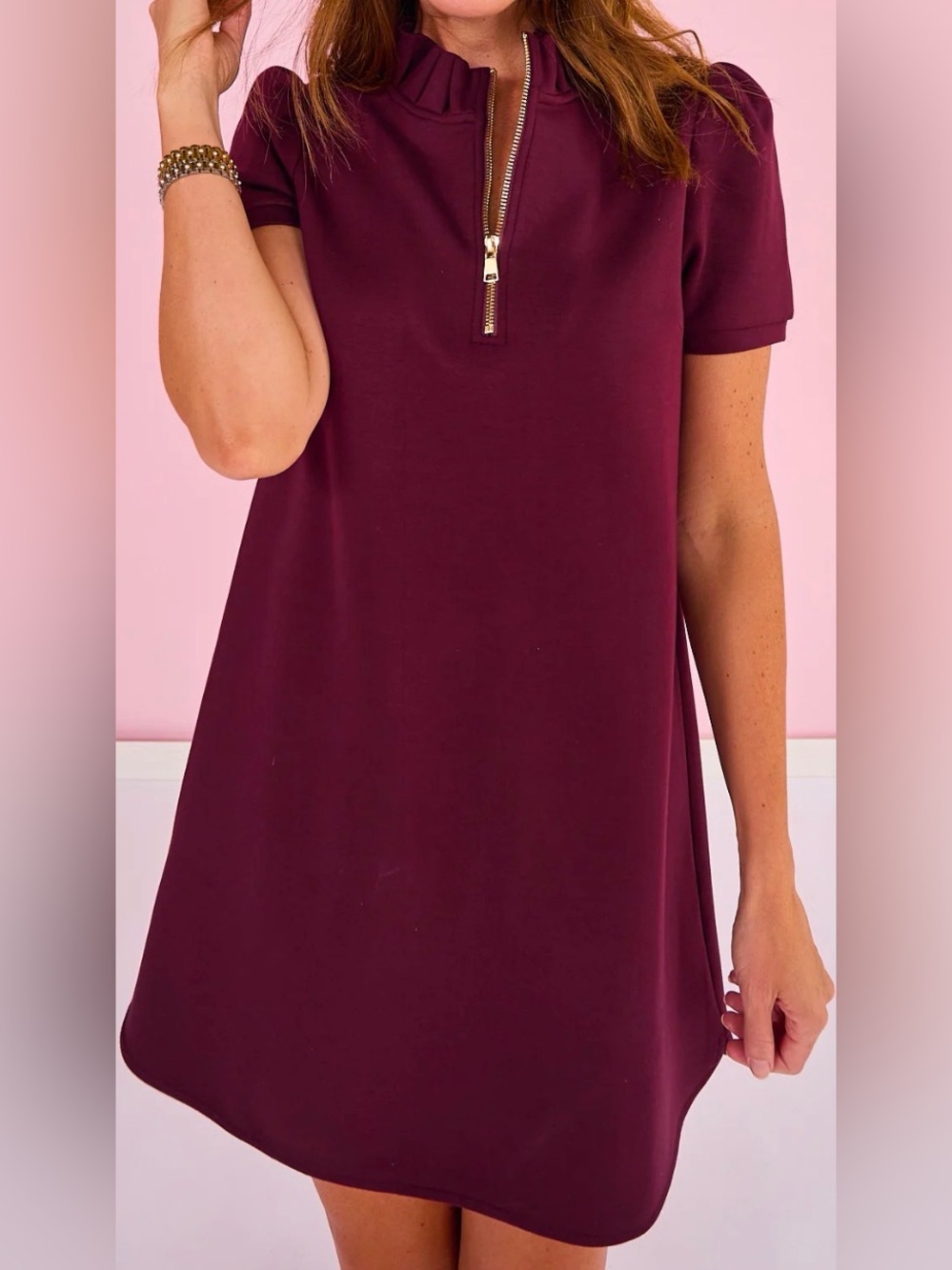Short Sleeve Zip-Front Mini Dress in Burgundy